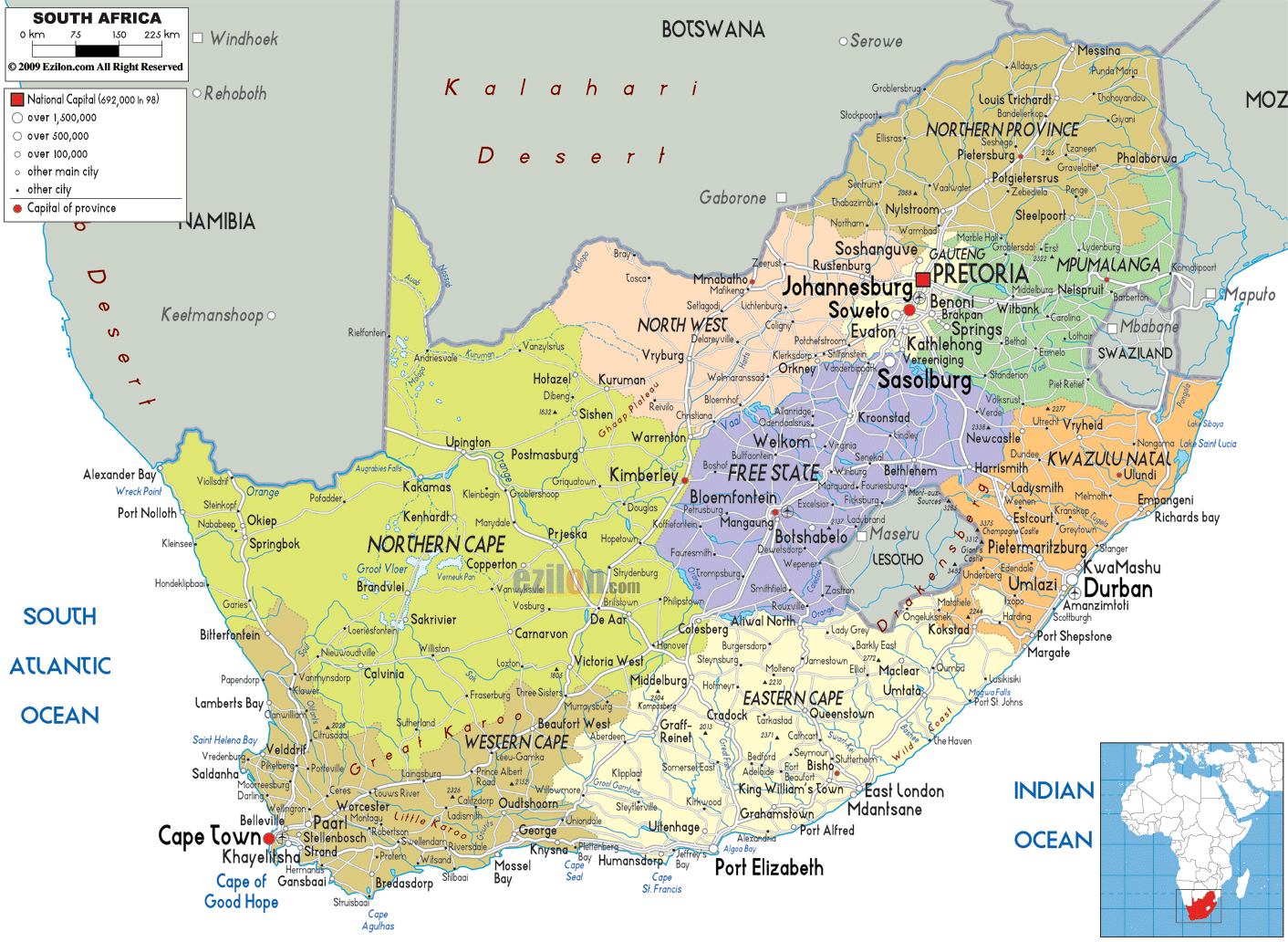 South Africa map with cities and counties